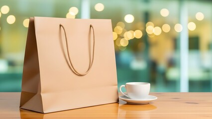 Shopping Bag and Coffee Cup on Table A Blend of Commerce and Leisurely Moments