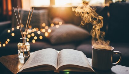 Cozy Moment of Relaxation: The scene captures the essence of relaxation and warmth, featuring an open book and a steaming cup on a small wooden table, illuminated by gentle lighting.