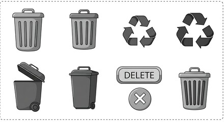 Collection of Trash Cans Recycling Symbols and Delete Icons.