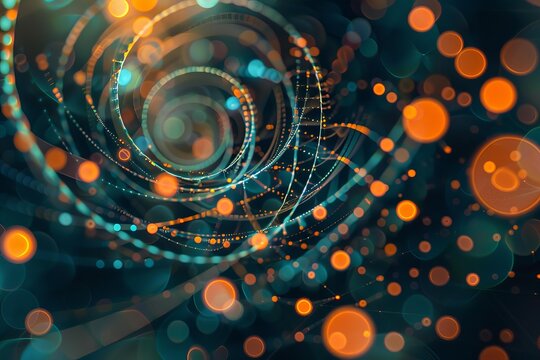 Abstract circular shapes in orange and teal creating a swirling motion graphic design