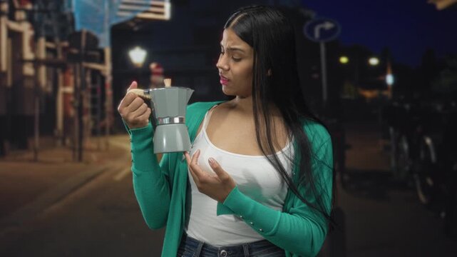 Woman holds coffeemaker in her hand and points finger forward on a dimly lit street at night with raised eyebrow; caution.