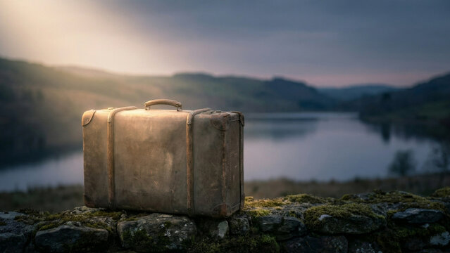 Vintage suitcase resting on stone wall by serene lake at dusk - Powered by Adobe