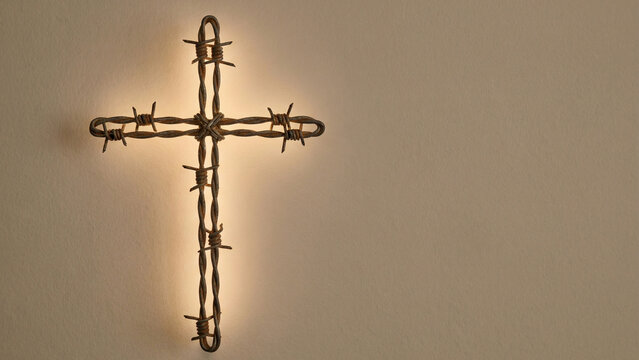 Barbed wire cross illuminated on a neutral wall representing Holocaust  