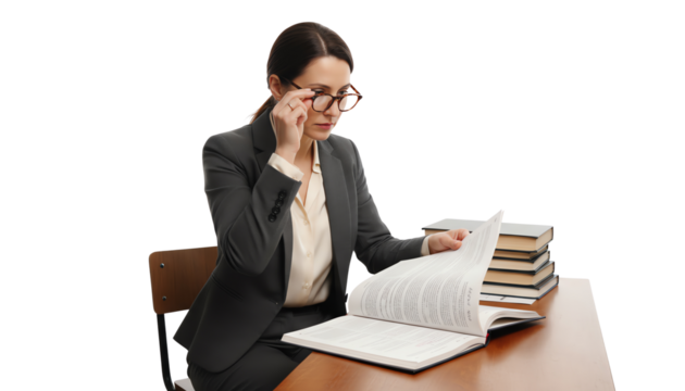 Focused woman in business attire reading a book at a desk, surrounded by stacks of books. - Powered by Adobe