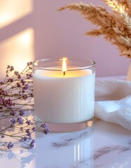 Serene Candlelight: Glass Jar Candle with Lavender and Pampas Grass