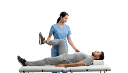 Physiotherapist assisting a patient with leg exercises on a treatment table, focused on rehabilitation and recovery.