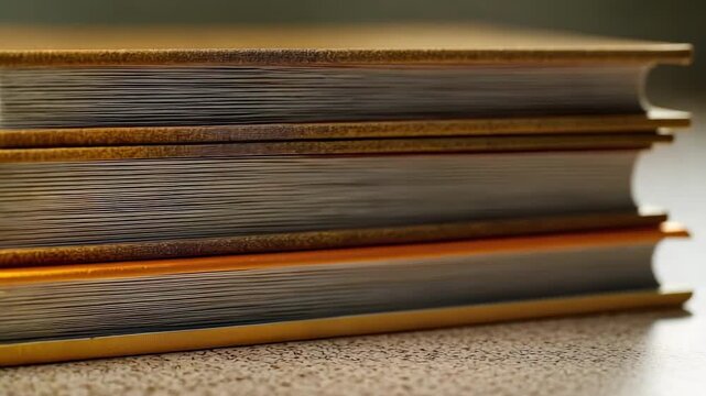 A close-up of a stack of hardcover books with yellow spines on a textured surface.