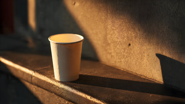 A paper cup leaning gently on a step edge under warm golden-hour tones forming clean highlight gradients