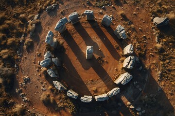 Stone circle formation on dry earth casting long shadows