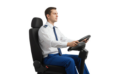 Professional male driver sitting in a vehicle seat, focused and ready to drive.