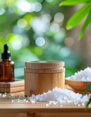 Serene Spa Still Life: Bamboo Container, Salts, and Essential Oil on Wooden Surface