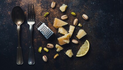 Culinary Symphony: A visually enticing composition featuring parmesan cheese, pistachio, and lemon, accompanied by cutlery, creating an inviting food arrangement.
