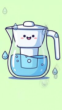 Cute Water Filter Pitcher Character with Happy Face and Water Droplets.