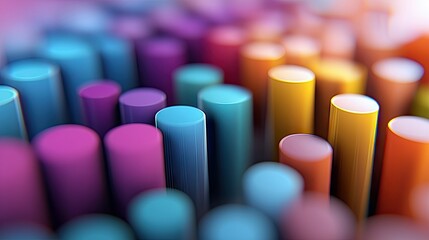 Abstract image of a collection of colorful cylindrical shapes arranged in a pattern, with a shallow depth of field and bright lighting.