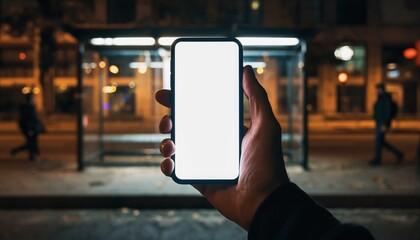 Mobile App Display: A hand holding a smart phone with blank screen in an urban city scene, a contemporary illustration for showcasing a new application.