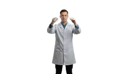 Scientist in a lab coat holding test tubes, isolated on a white background.