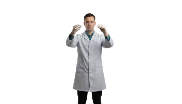 Scientist in a lab coat holding test tubes, isolated on a white background.
