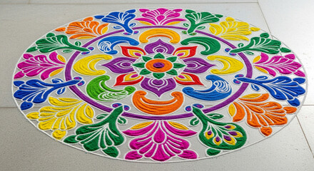 Colorful rangoli design with floral patterns on a white surface  
