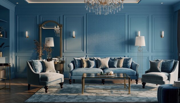 Serene blue living room with sofa: A luxurious living space featuring a blue sofa, armchairs, and elegant decor, the room exudes tranquility and sophistication.