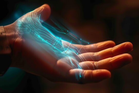 Businessman is holding a futuristic digital hologram made of binary code in his hand