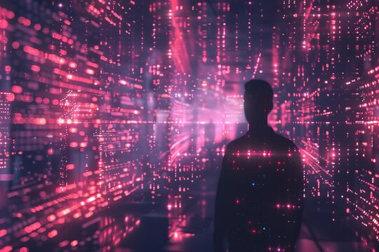 Businessman is entering a digital world made of data and code