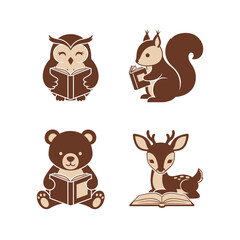 Naklejka premium Cute Forest Animals Reading Books Illustration.