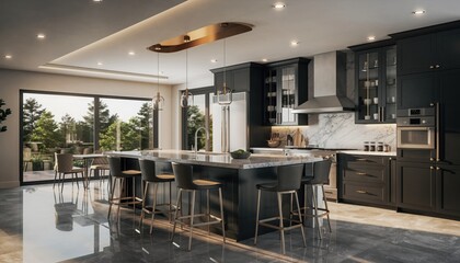 Luxurious Culinary Haven: An expansive modern kitchen with sleek cabinetry, a grand central island, and state-of-the-art appliances welcomes culinary exploration and social gatherings.