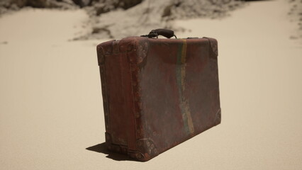 An old, weathered suitcase stands against the golden sands of a vast desert. The sun shines brightly, casting shadows as the wind lightly stirs the grains around it.