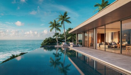 Seaside Villa Oasis: An idyllic seaside villa, complete with an infinity pool and lush palm trees, offers a luxurious escape against a stunning backdrop of the ocean.