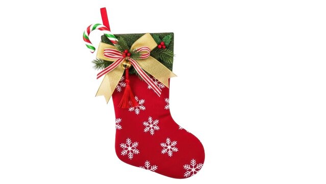 A christmas stocking with a candy cane and bow on a white background in a studio shot setting