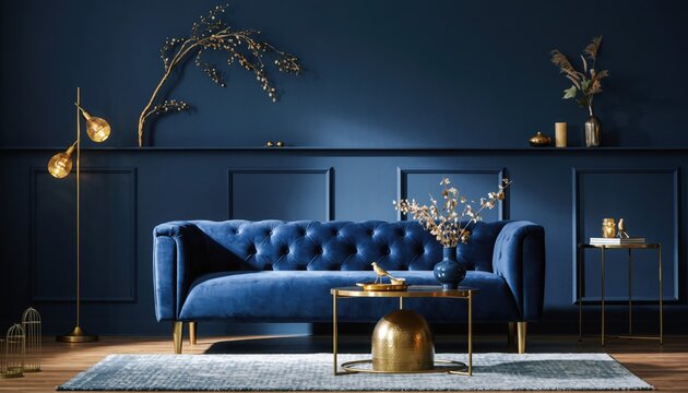 Elegant Living Space: A beautifully furnished living room radiates sophistication with a plush blue sofa, a stylish lamp, and complementary decor. Its a harmonious blend of textures and colors.