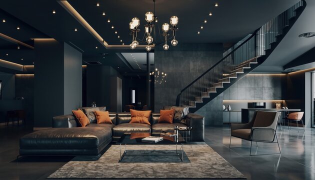Luxury Living Room Interior: A lavish living room interior showcases a modern design, with a grand staircase and exquisite light fixtures adding elegance, perfect for interior design inspiration. - Powered by Adobe