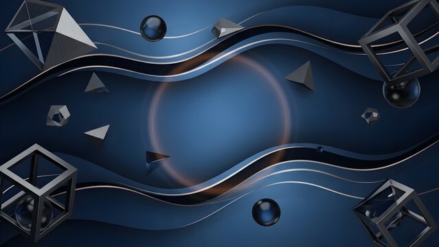 Abstract futuristic digital art with swirling dark blue waves geometric shapes and glowing circular portal in the center