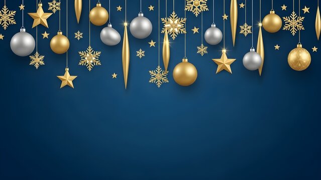 Festive christmas ornaments including gold and silver baubles stars and snowflakes hanging against a deep blue background