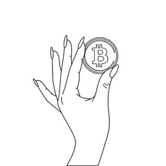 Icon of a beautiful female hand holding a bitcoin, representing concepts of cryptocurrency and digital finance