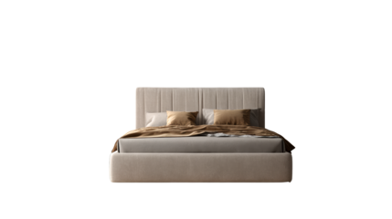 Luxurious beige upholstered bed with plush golden pillows and a folded throw blanket, perfect for modern bedroom decor and interior design concepts.