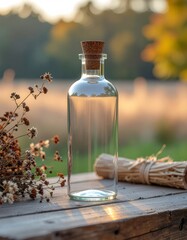 Serene Still Life: Glass Bottle, Dried Flowers, and Rustic Wood in Golden Light