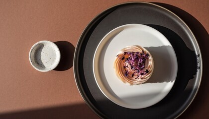 Culinary Harmony: An artfully plated culinary creation rests on a stylish, layered dish set, offering a minimalist aesthetic with a touch of elegance.