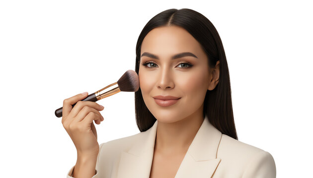 Woman applying makeup with a brush, showcasing beauty and elegance, perfect for fashion and cosmetic themes.