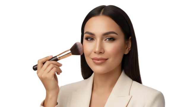 Woman applying makeup with a brush, showcasing beauty and elegance, perfect for fashion and cosmetic themes.