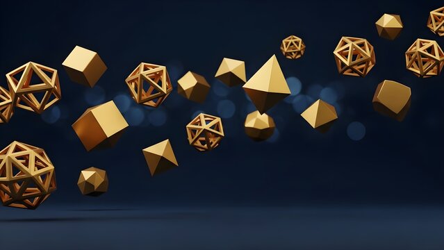 Abstract geometric shapes in gold and bronze suspended in a dark blue gradient background with soft bokeh lights