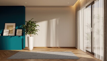 Interior Tranquility: A sunlit modern interior showcases a serene ambiance with clean lines, a vibrant accent wall, and natural elements, offering a sense of calm and sophistication.