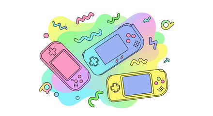 Nostalgic handheld gaming devices illustration featuring vibrant colors and abstract shapes, perfect for playful retro entertainment and digital leisure designs