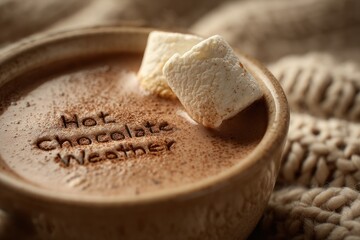 hot chocolate drink, with marshmallow. The words Hot Chocolate Weather are delicately etched into the cinnamon powder sprinkled on top