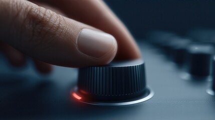 Hand Turning Audio Control Knob On Dark Mixer Panel. Close-Up Of Sound Engineering Equipment