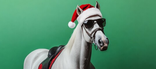 Funny Christmas Horse Wearing Glasses and Santa Hat on a Bright Green Background for Holiday Cheer
