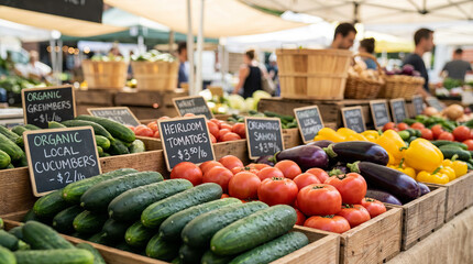 Farmers market stall with a vibrant display of fresh organic local vegetables like cucumbers and heirloom tomatoes.
