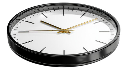 Modern minimalist black clock with gold hands on a white face displaying a precise time, perfect for conveying punctuality and elegance in corporate or lifestyle contexts