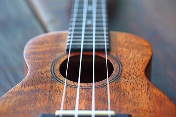 Fototapeta premium Ukulele with a beautiful wood grain is lying on a table, ready to be played