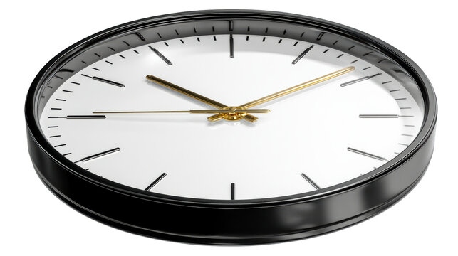 Modern minimalist black clock with gold hands on a white face displaying a precise time, perfect for conveying punctuality and elegance in corporate or lifestyle contexts